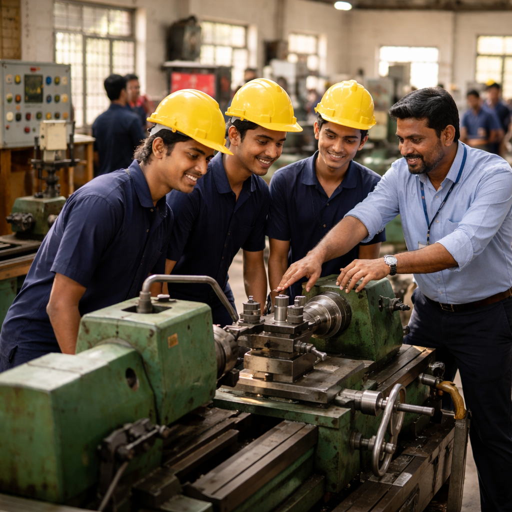 Students working in lab, trainers guiding, real machines