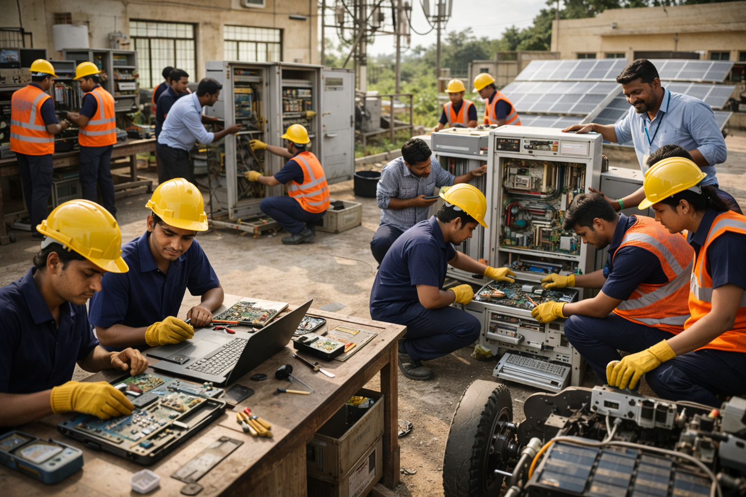Trainer teaching, students using equipment