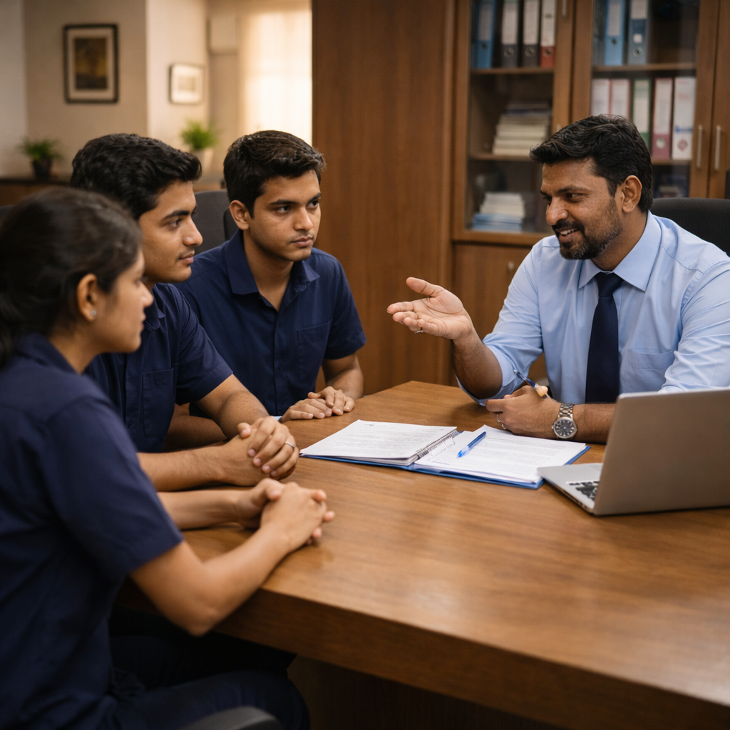 Students talking to counsellor, job discussion visuals